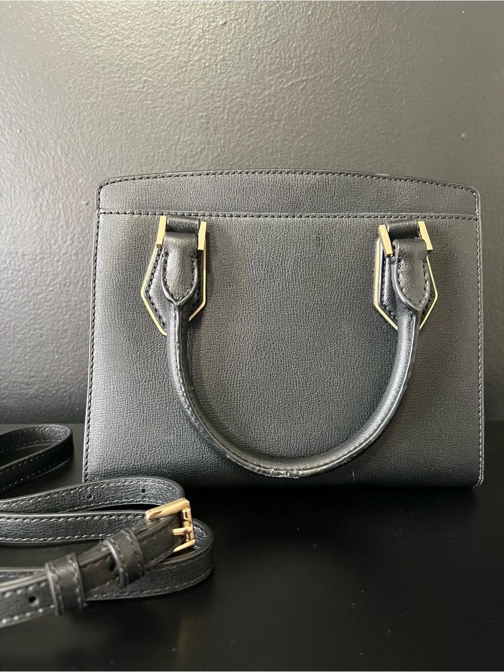 Michael Kors Black Leather Mini Satchel with Gold MK Hardware